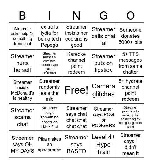 Lydia strim bingo Card