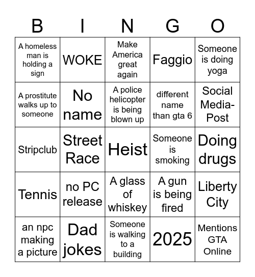 GTA 6 Trailer Bingo Card