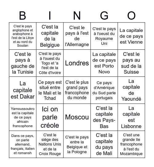 Les langues, les capitales, les pays francophones Bingo Card