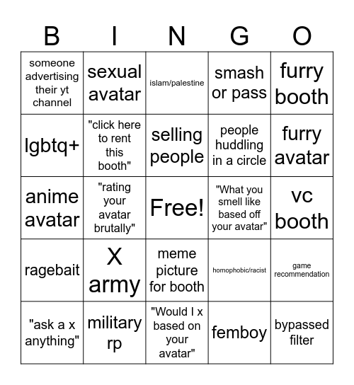 Rate My Avatar Bingo Board Bingo Card