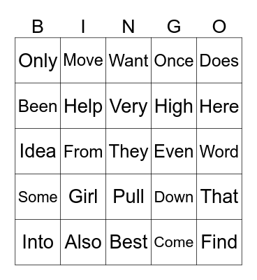 Sight Word List B Bingo Card