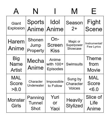 Anime Theme Bingo Card