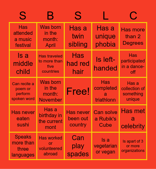 SBSLC Townhall #2 Bingo Card