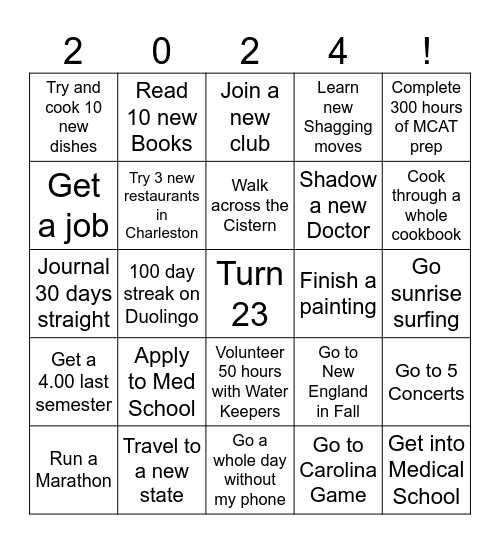 Hannah's 2024 Bingo Card