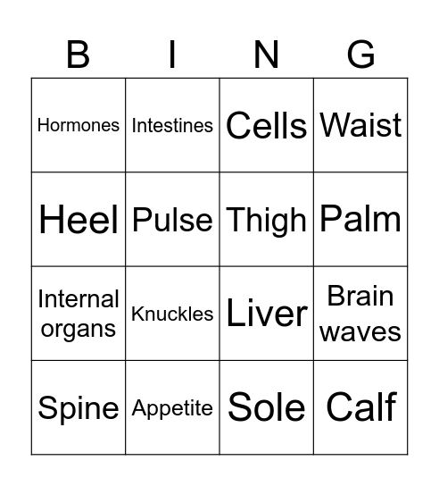Our Body Bingo Card