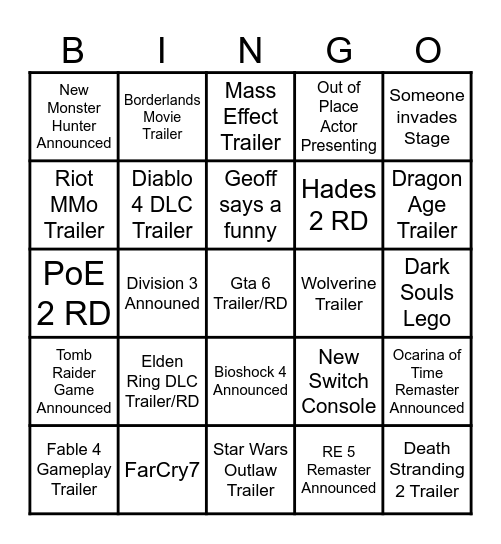 Game Awards Bingo Card