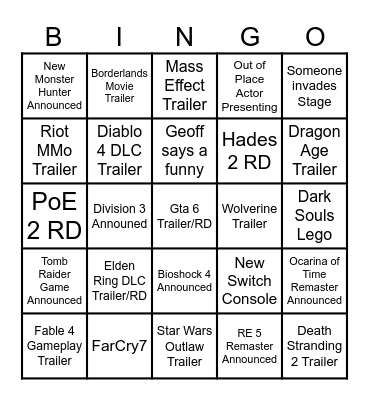 Game Awards Bingo Card