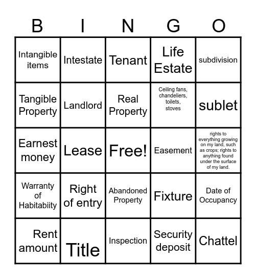Real and Personal Property Review Bingo Card