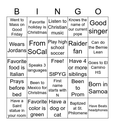 Initials Bingo Card