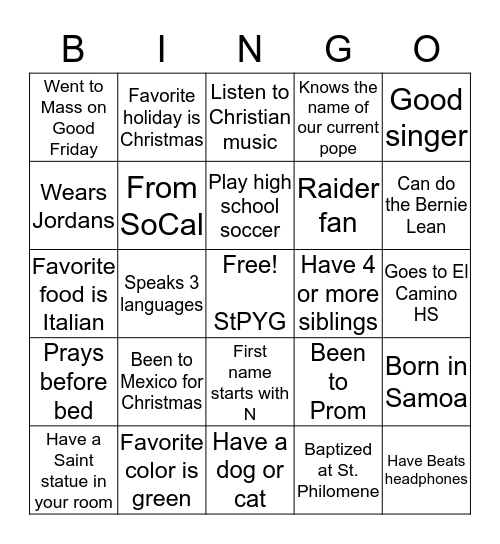 Initials Bingo Card