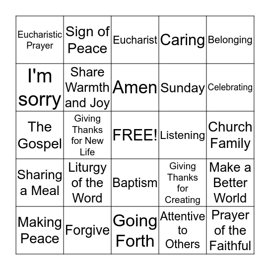 First Eucharist Bingo Card