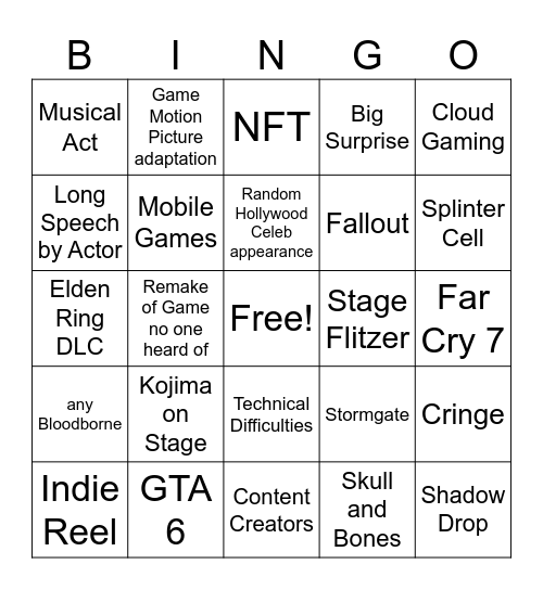 Game Awards 2023 Bingo Card