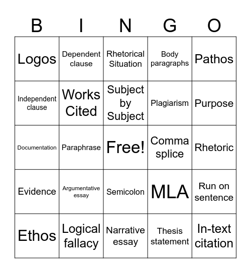 Writing 105 Bingo Card