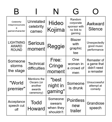 Game Awards Bingo Card