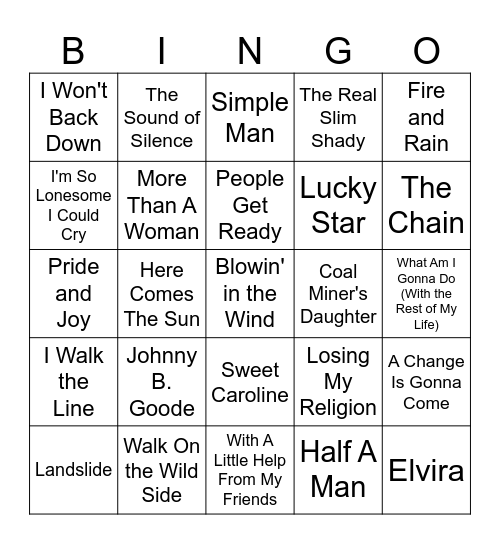 Songs Written and Performed By The Artist Bingo Card