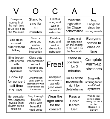 Christmas Concert Week Bingo Card