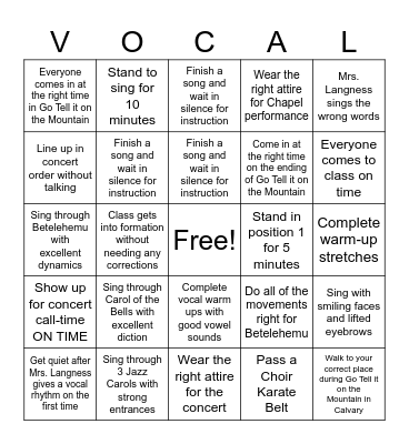 Christmas Concert Week Bingo Card