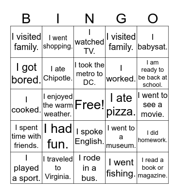 Spring Break Bingo Card