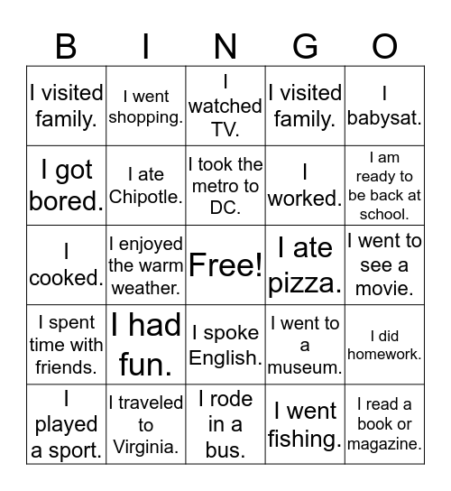 Spring Break Bingo Card