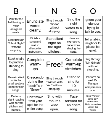 Middle School Choir Bingo Card