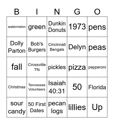 Jennifer Bingo Card