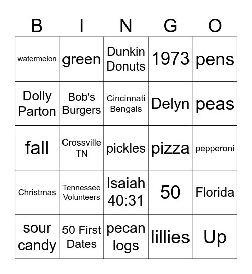 Jennifer Bingo Card