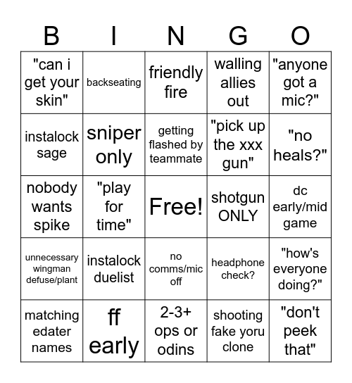 The Valorant Comp Bingo Ever Bingo Card