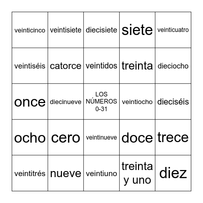 LOS NUMEROS 0-31 Bingo Card