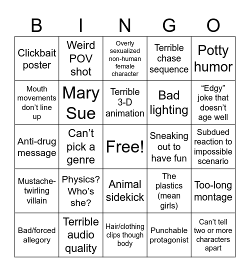 Bad Animation Bingo Card