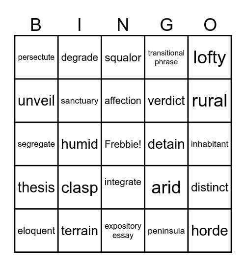 Vocabulary Review Bingo Card