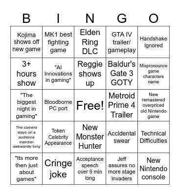 Video Game Awards 2023 Bingo Card