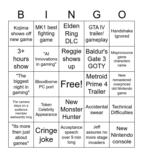 Video Game Awards 2023 Bingo Card