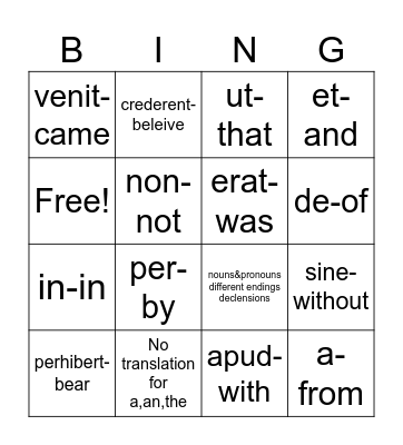 Latin Bingo Card