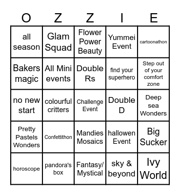 Events Names Bingo Card