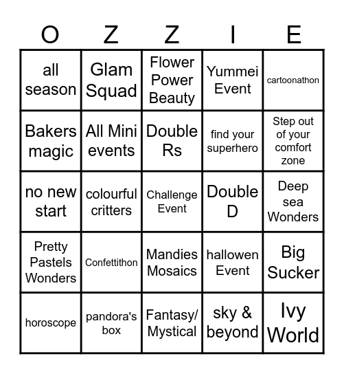 Events Names Bingo Card