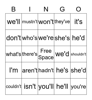 Contraction Bingo Card