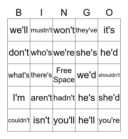 Contraction Bingo Card