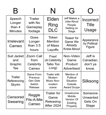 Video Game Awards 2023 Bingo Card