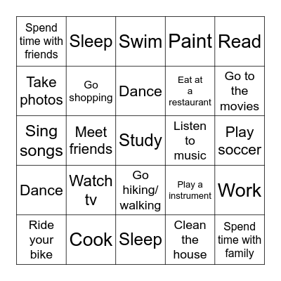 What do you do in your free time? Bingo Card