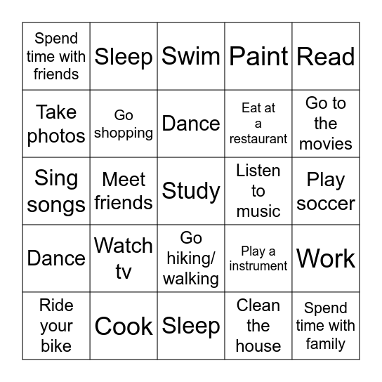 What do you do in your free time? Bingo Card