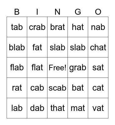 Word Family Bingo Card