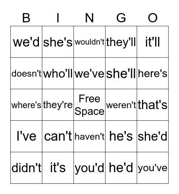 Contraction Bingo Card