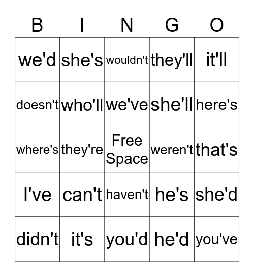 Contraction Bingo Card