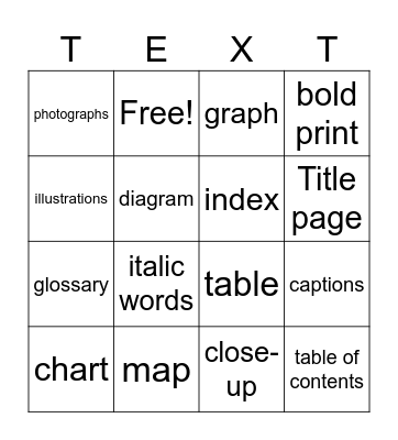 Text Features Bingo Card
