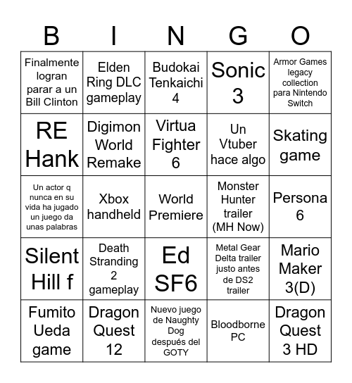 TGA 2023 Bingo Card