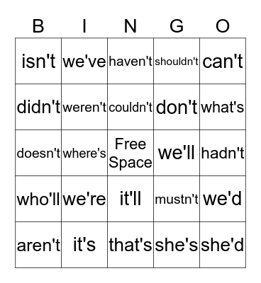 Contraction Bingo Card