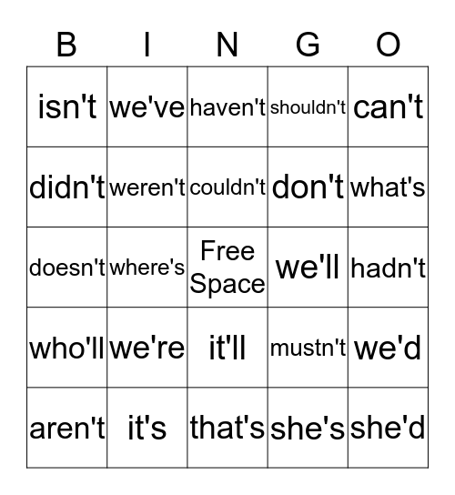 Contraction Bingo Card