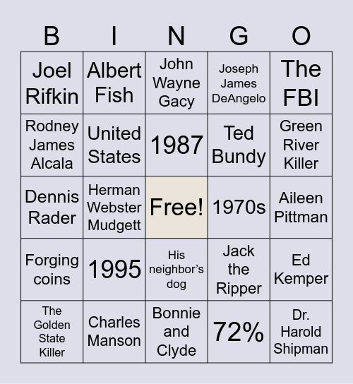 True Crime Bingo Card