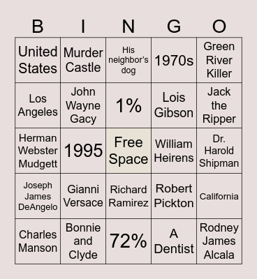 True Crime Bingo Card