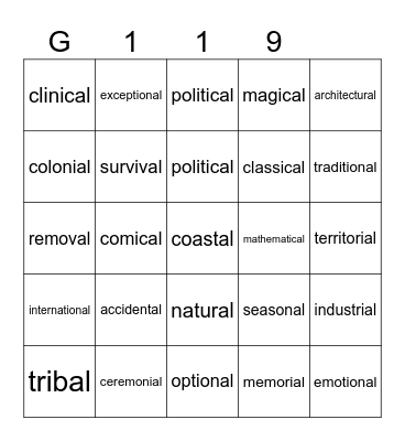 Gold 119 Bingo Card